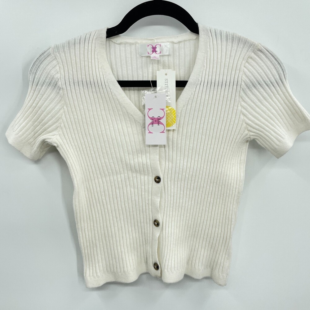 NWT CHLOE + CYRUS Cream White Ribbed Stretch Button Cardigan Sweater Size XL
